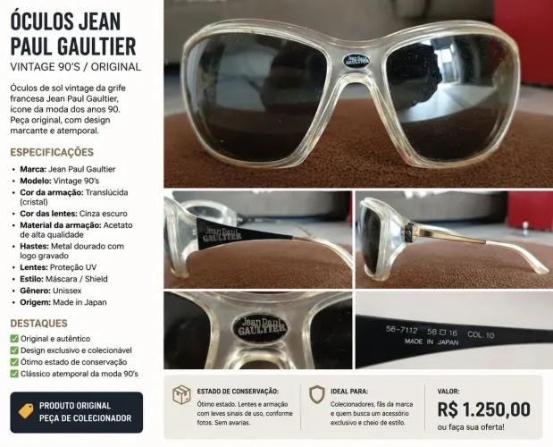 Óculos de sol vintage Jean Paul Gautier