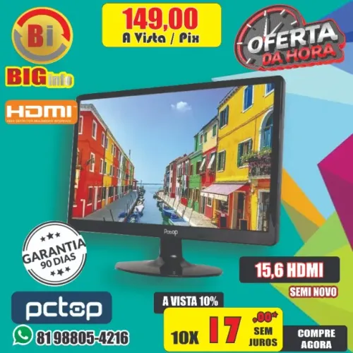 Monitor Led HDMI 15.6 PC-Top Em ate 10x Fixas