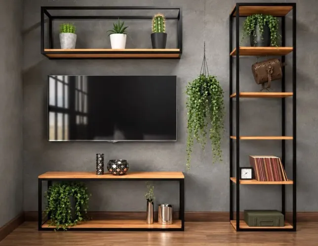 CONJUNTO KIT ESTANTE COM RACK STUDIO DESIGN ESTILO INDUSTRIAL EM ACO E