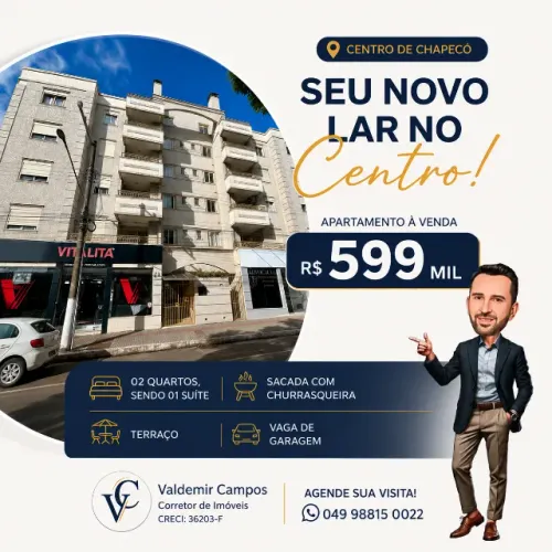 Apartamento à venda no Centro de Chapecó - 02 quartos, suíte e terraço