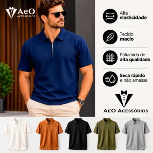Camisa Polo Masculina com Zíper Alta Elasticidade Poliamida