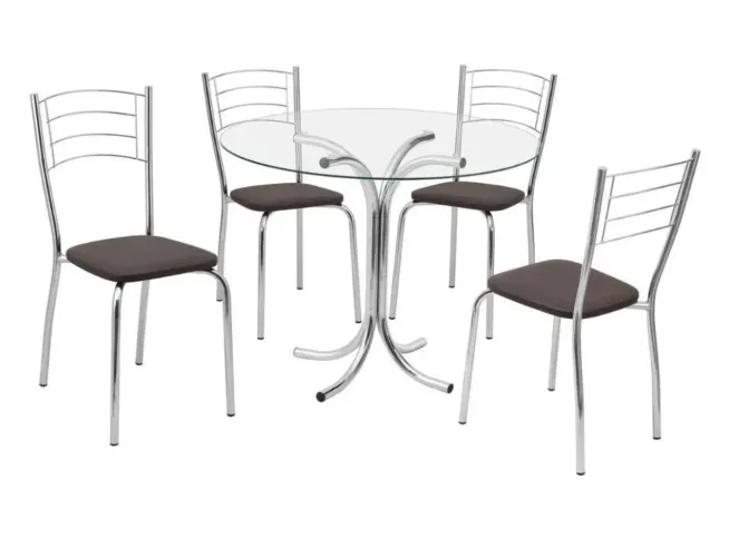Conjunto Mesa De Jantar Redonda em aço cromado, tampo de vidro 