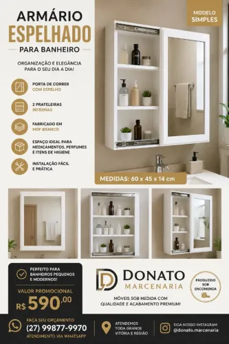 Armário Espelhado para Banheiro 60x45cm | MDF Branco | Sob Encomenda