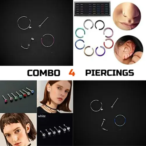 Kit com 4 Piercings - p. de luz reto, ponto de luz curva, argola colorida, argola p.luz