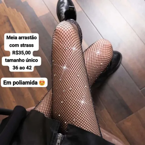 Meia arrastão em poliamida com strass