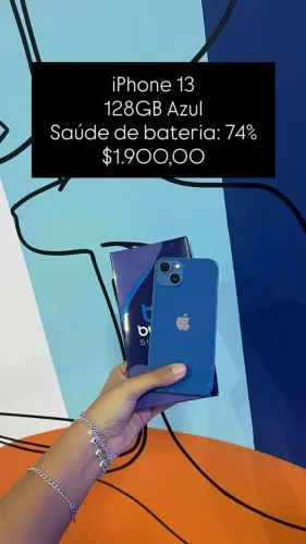 iPhone 13 / 128GB / Azul / Saúde de bateria 74% / R$ 1.900,00