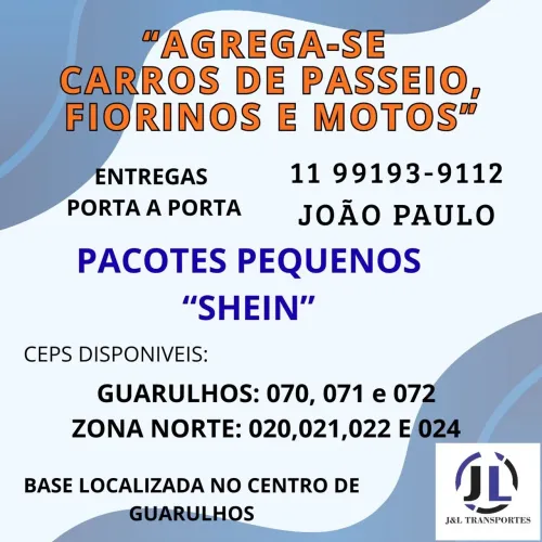 Agrega-se veículos de passeio, fiorino e motos para entregas porta a porta.