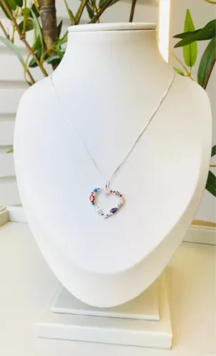 Colar Coração Colorido Prata 