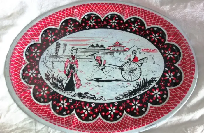 Rara Bandeja Antiga Lata Litografada Arte Oriental Japão Vintage 37cm