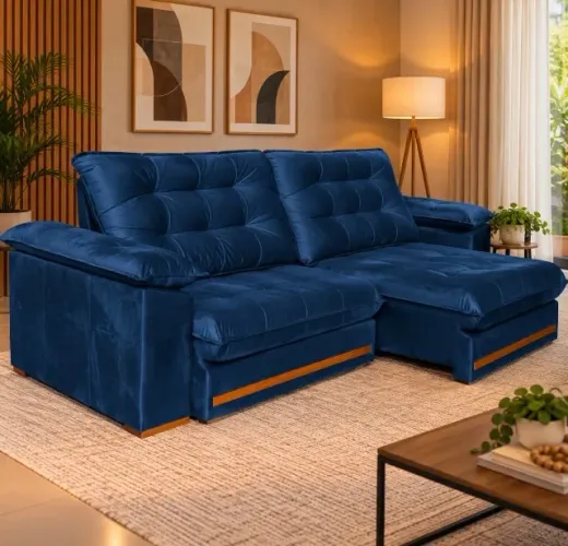 Sofá Retrátil e Reclinável Confort Elegance 2,10 m Veludo Azul