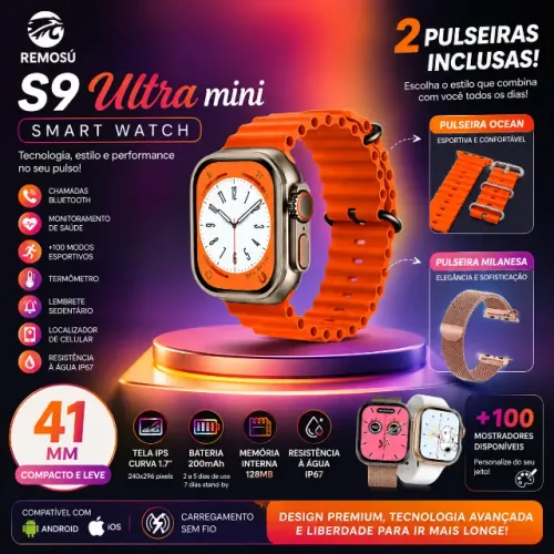 Smartwatch S9 Ultra Mini 41mm Bluetooth Chamadas 2 Pulseiras Milanesa + Ocean IP67