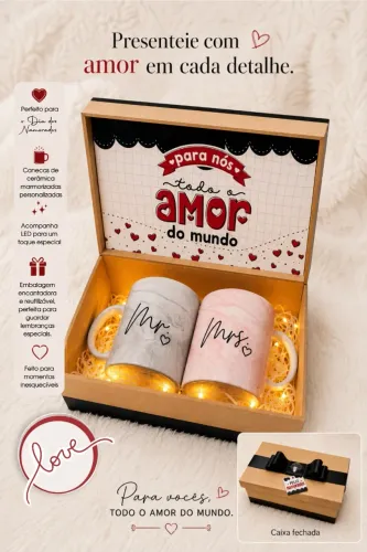 Caixa com 2 canecas personalizada para casais