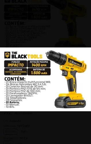 ? Furadeira e Parafusadeira Sem Fio 21V The Black Tools + Maleta Completa | Nova
