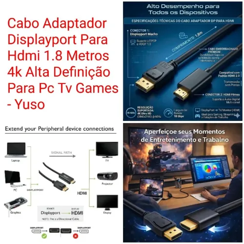 Cabo Adaptador Displayport Para Hdmi 1.8 Metros 4k Alta Definição Para Pc Tv Games - Yuso