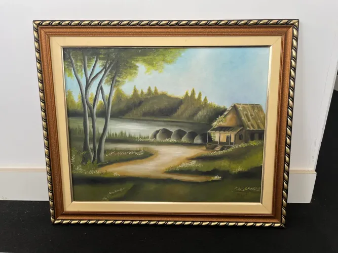 quadro com moldura oleo sobre tela
