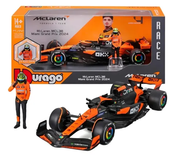Miniatura F1 2024 McLaren MCL38 #4 Com Boneco Norris Bburago 1:24 Metal Novo e Lacrado
