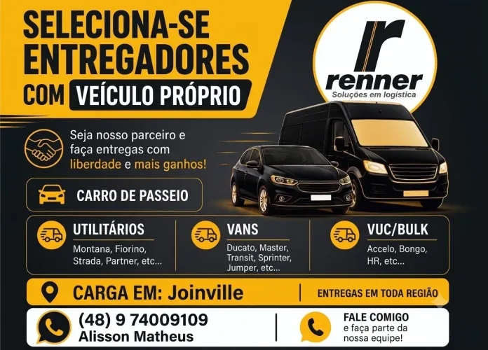 Vagas para entregas do Mercado Livre com veículo próprio.