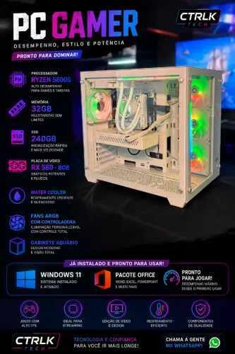 PC Gamer Branco Ryzem 5600G/ RX 580 / 32GB RAM/ SSD 240GB