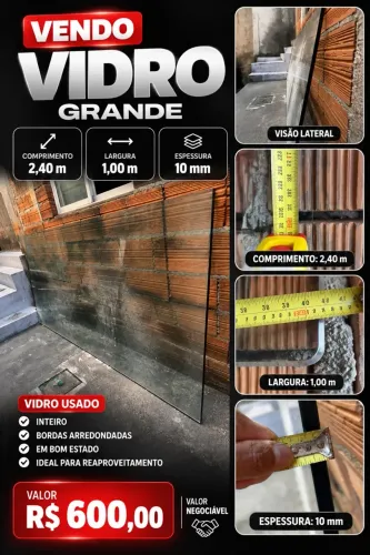 Vidro Grande 2,40m x 1,00m - Espessura Aprox. 10mm - Usado em Bom Estado