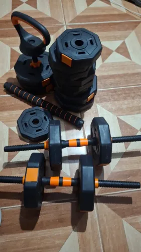 Kit de Musculação 30kg - Halteres, Barra e Kettlebell 6 em 1