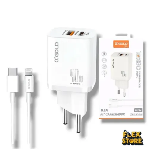 Carregador Turbo Completo 40W 2 entradas USB e Tipo C ?GOLD CA42-6 com Cabo iPhone Lightn