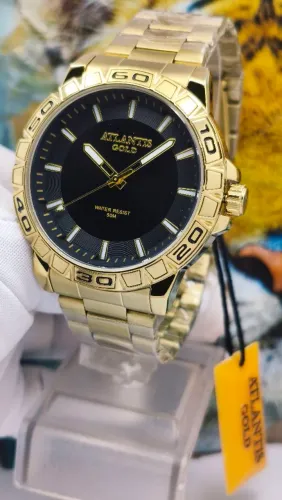 Relógio masculino dourado banhado a ouro prova d'água Atlantis