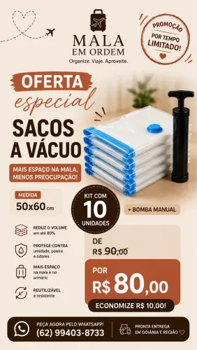 Kit 10 Sacos a Vácuo 50x60cm + Bomba Manual | Para Mala e Organização