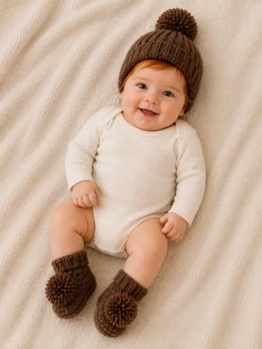 Touca e Sapatinhos de Crochê para Bebê com Pompom | R$ 35