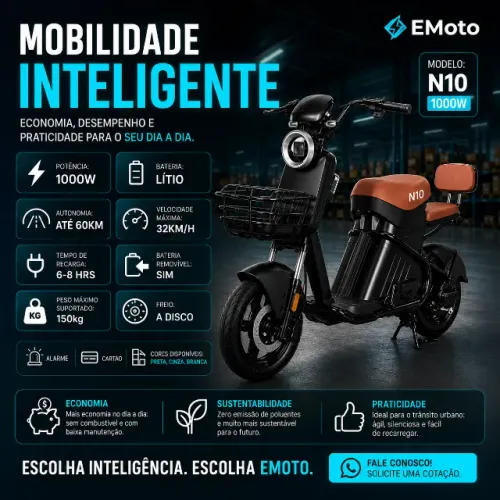 Moto Elétrica N10 1000W | Bateria de Lítio | Até 60km de Autonomia