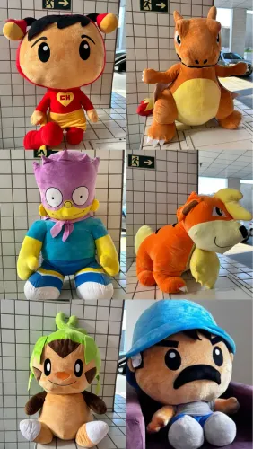 Lote com 6 Pelúcias Gigantes - Pokémon Chapolin Seu Madruga Charizard Folha Bart Simpson