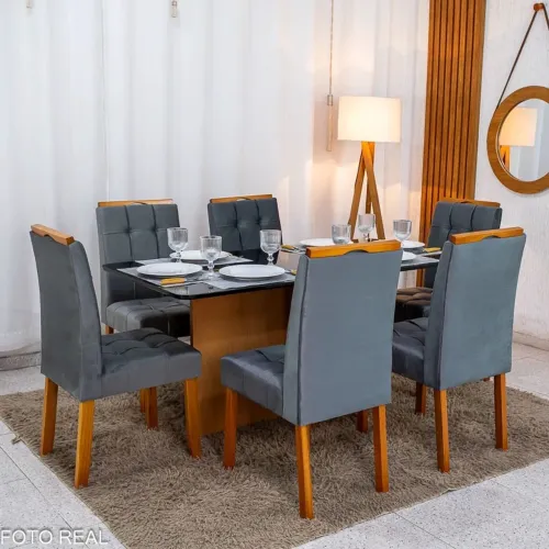 Mesa de Jantar 160x80 Vidro Preto/Base + 6 Cadeiras em Madeira tt76