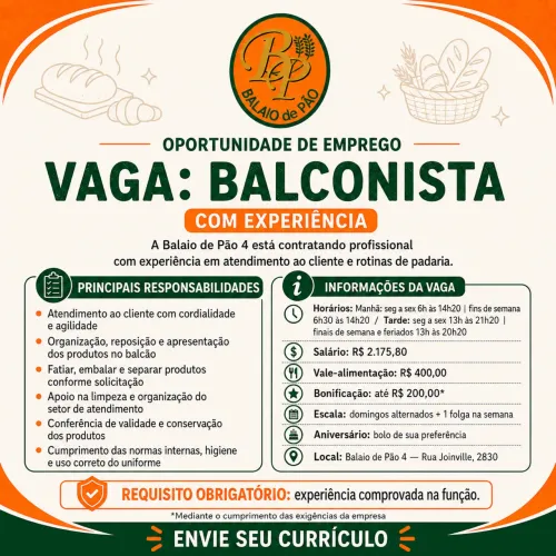 VAGA: BALCONISTA / VENDEDOR ? COM EXPERIÊNCIA