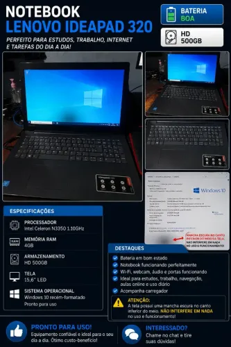 ? Notebook Lenovo IdeaPad 320 - Bateria Boa | HD 500GB | Windows 10
