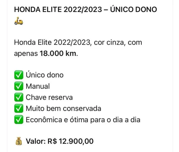 Vendo Honda Elite, aceito troca moto maior