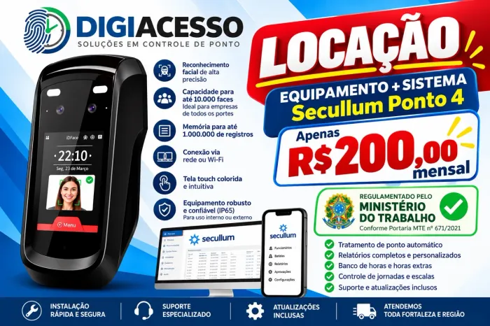 RELÓGIO FACIAL CONTROL ID + SISTEMA- LOCAÇÃO