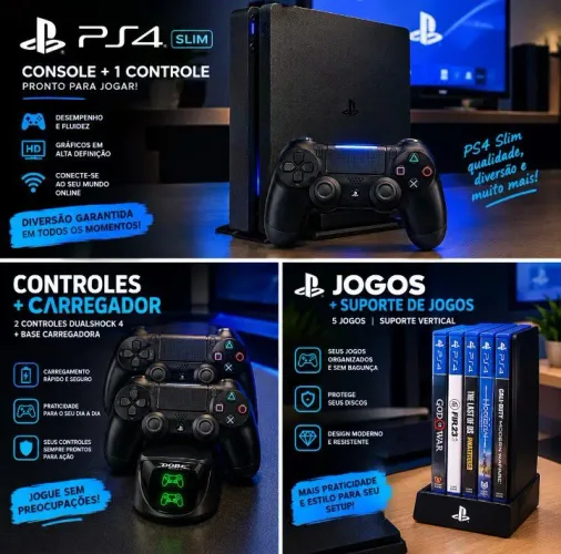 PlayStation 4 Slim 500gb + 2 controles + jogos aleatórios + acessórios