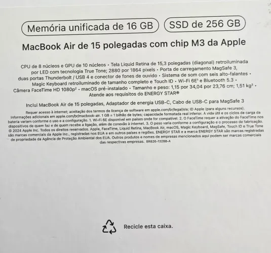 MacBook Air 15,3 Polegadas - 16GB Memória - SSD 256