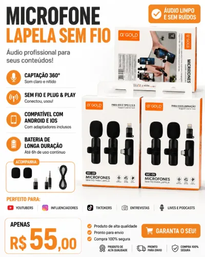 Microfone de Lapela Wireless 360° com Redução de Ruído