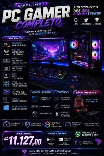 PC GAMER COMPLETO + PERIFÉRICOS + MESA E CADEIRA GAMER