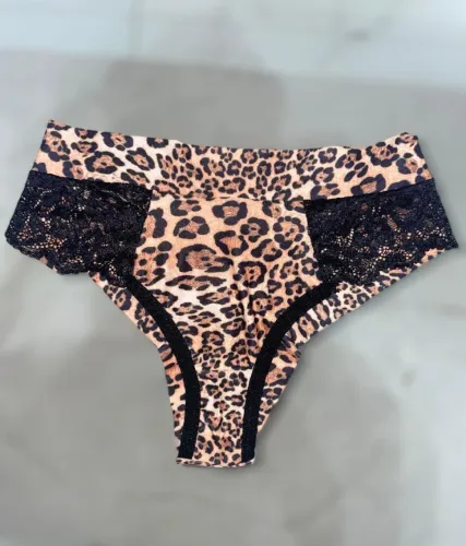Kit 3 Calcinhas Cintura Alta Animal Print com Renda