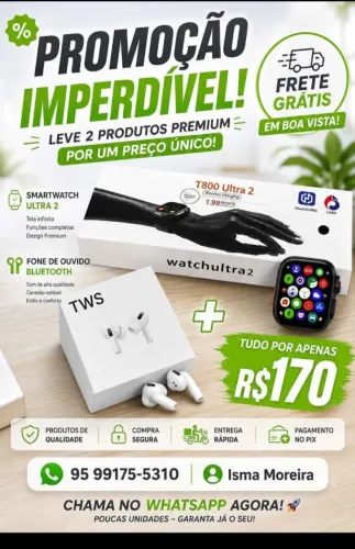kit Smartwatch + fone bluetooth R$170,00<br>T800 ultra 2