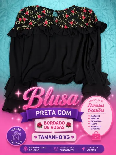 Blusa preta manga longa com bordado de rosas tamanho XG
