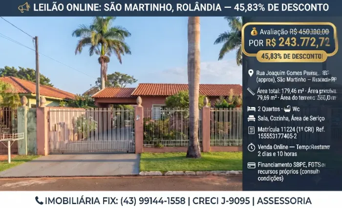 COMPRA DIRETA VIA LEILÃO: CASA COM GRANDE TERRENO EM ROLÂNDIA-PR