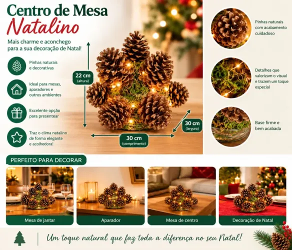 Centro de Mesa Natalino com Pinhas Decoração de Natal