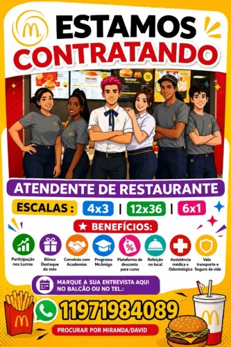Vaga para Atendente de Restaurante Mc Donald's ZN Freguesia do Ó - Marginal Tiête