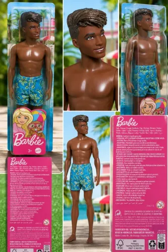 Boneco Barbie Ken de praia com cabelo preto e canção de banho azul