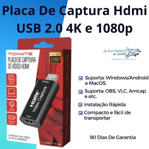 Placa De Captura HDMI USB 2.0 4K e 1080p - loja física - entrega - com garantia 90 dias