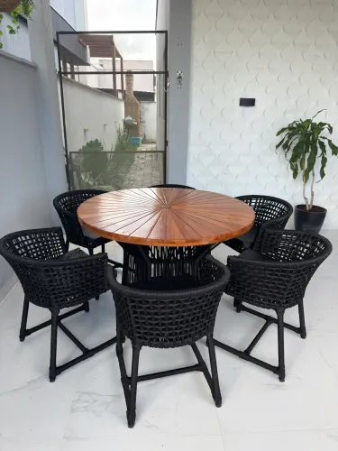 Mesa com 6 cadeiras em corda náutica +tampo pizza 