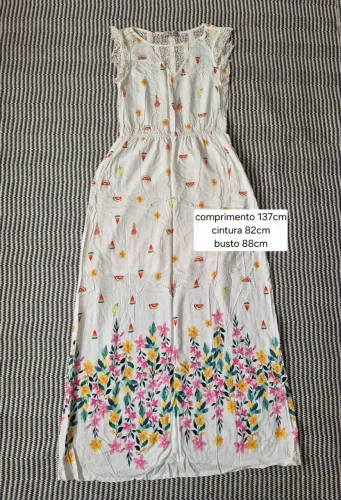 Vestido longo crepe floral com renda branco