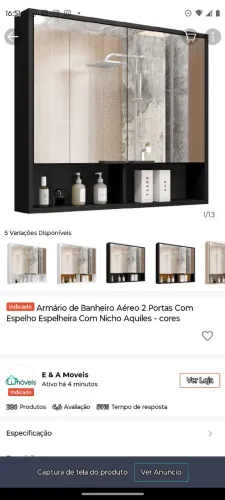 Armário de Banheiro Aéreo 2 Portas Com Espelho Espelheira Com Nicho Preto
